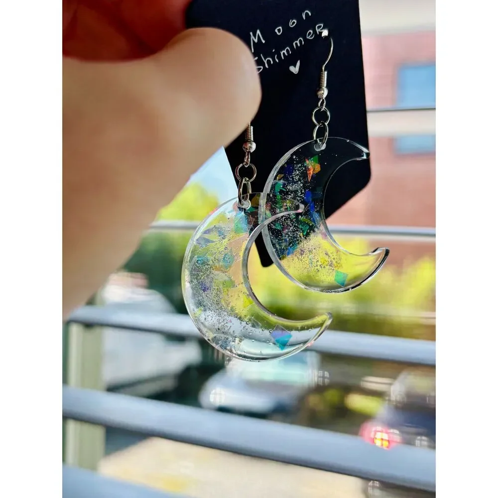Rainbow Crescent Moon Earrings, Clear Resin Celestial Dangles with Glitter